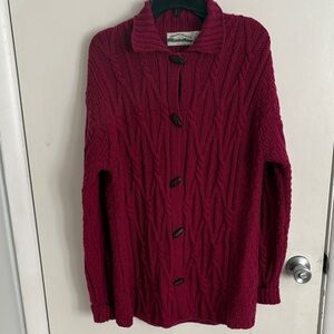 Aran Crafts 100% Merino Wool Button-Front Sweater Cardigan -Deep Berry